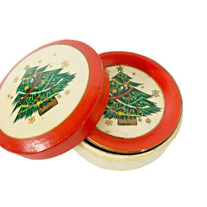 Vtg Paper Mache Christmas Tree Coasters Japan Alcohol Proof MCM Kitschy Set of 8
